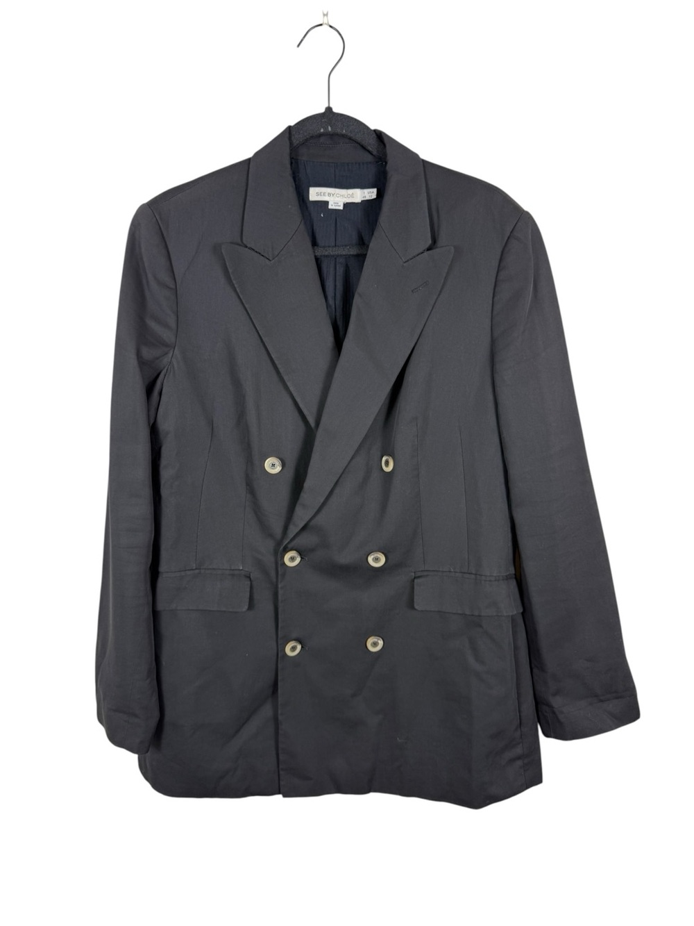See by Chloe Black Double Breasted Cotton Viscose Blazer Sz 12
